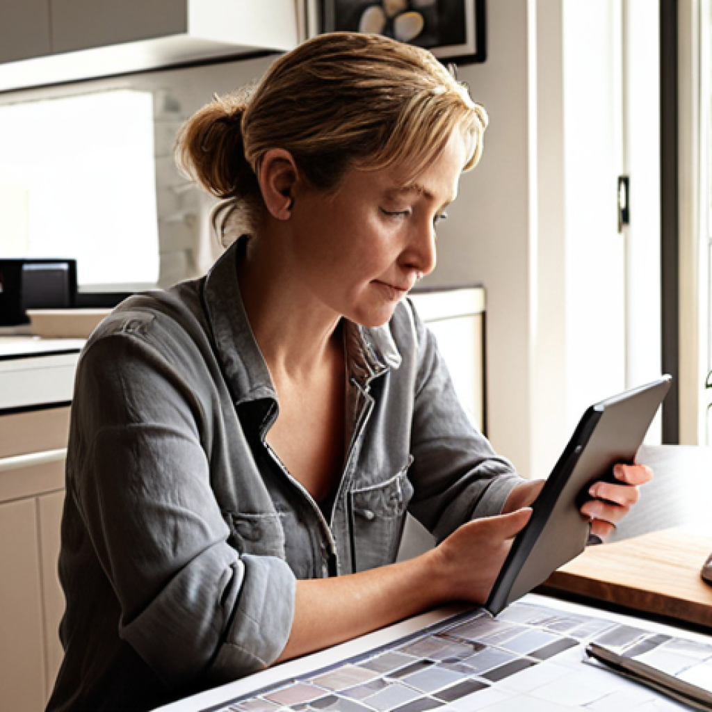 **Image Prompt 1:** A thoughtful person (30s-40s), sitting at a table with kitchen design blueprints, a tablet displaying smart kitchen ideas, and various material samples (countertop swatches, cabinet finishes). A calculator and financial notes are subtly visible nearby, suggesting budgeting. The person's expression is a mix of contemplation, excitement, and slight apprehension about the cost. The setting is a cozy, modern home, illuminated by soft natural light. High detail, realistic style.