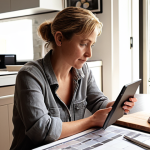 **Image Prompt 1:** A thoughtful person (30s-40s), sitting at a table with kitchen design blueprints, a tablet displaying smart kitchen ideas, and various material samples (countertop swatches, cabinet finishes). A calculator and financial notes are subtly visible nearby, suggesting budgeting. The person's expression is a mix of contemplation, excitement, and slight apprehension about the cost. The setting is a cozy, modern home, illuminated by soft natural light. High detail, realistic style.