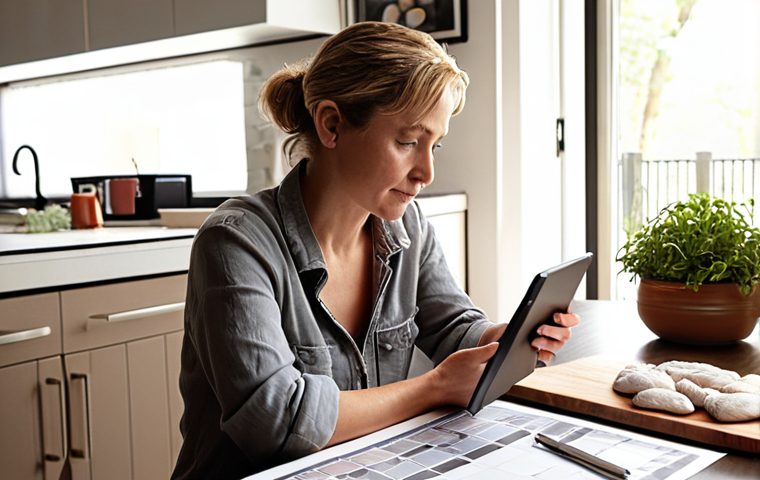 **Image Prompt 1:** A thoughtful person (30s-40s), sitting at a table with kitchen design blueprints, a tablet displaying smart kitchen ideas, and various material samples (countertop swatches, cabinet finishes). A calculator and financial notes are subtly visible nearby, suggesting budgeting. The person's expression is a mix of contemplation, excitement, and slight apprehension about the cost. The setting is a cozy, modern home, illuminated by soft natural light. High detail, realistic style.