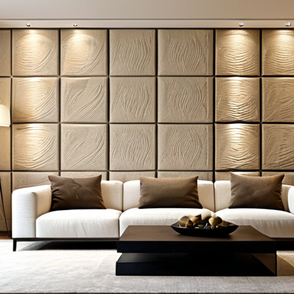 거실 아트월 디자인 추천 - "A living room featuring a minimalist art wall with textured beige panels, subtle lighting, fully cl...