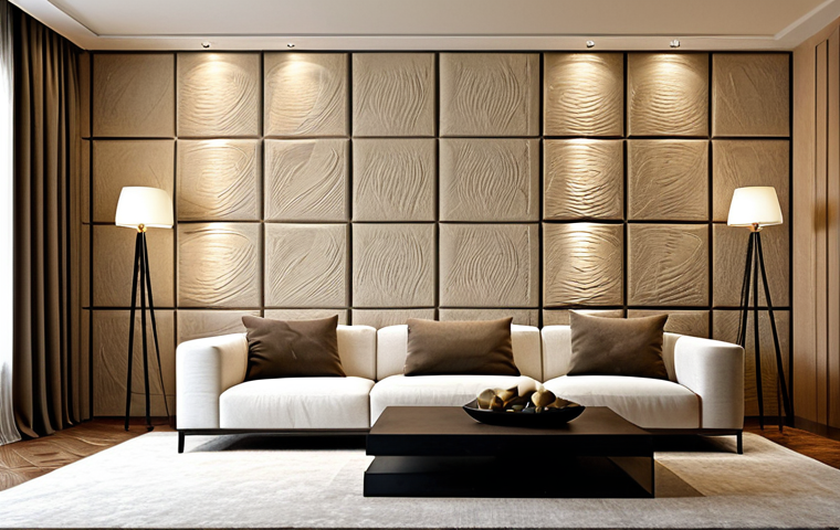 거실 아트월 디자인 추천 - "A living room featuring a minimalist art wall with textured beige panels, subtle lighting, fully cl...