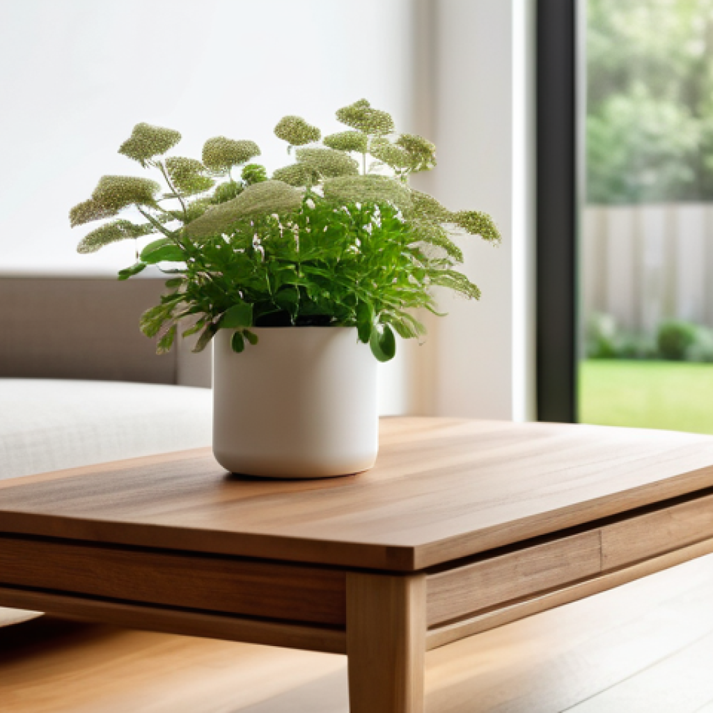 원목 가구 트렌드 - A brightly lit, minimalist living room with a large window overlooking a lush green garden. In the c...