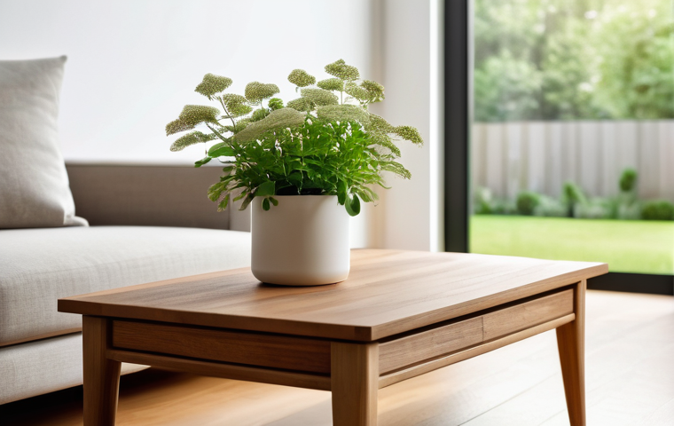 원목 가구 트렌드 - A brightly lit, minimalist living room with a large window overlooking a lush green garden. In the c...