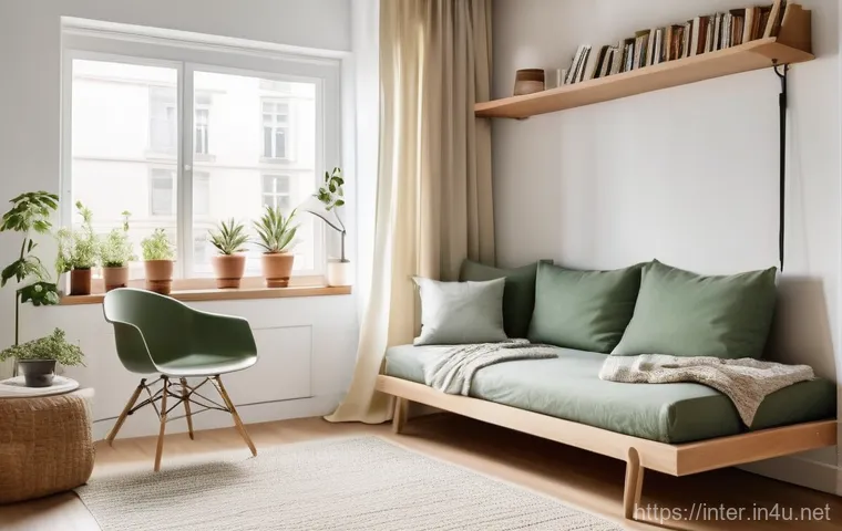 자취방 인테리어 기본 가이드 - A cozy and highly functional small studio apartment, brightly lit by natural light streaming through...