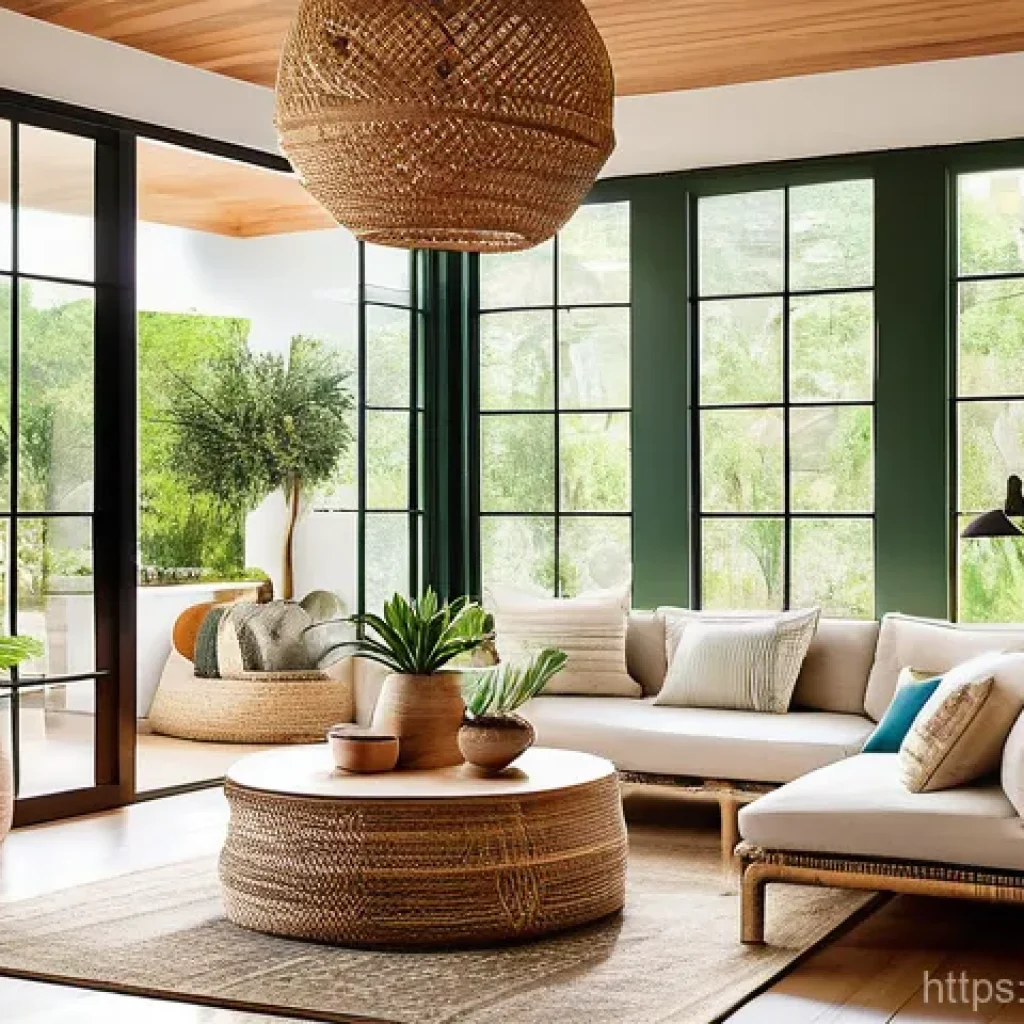 라탄 소품 인테리어 - A cozy and inviting living room designed in a natural, bohemian-inspired resort style. The focal poi...