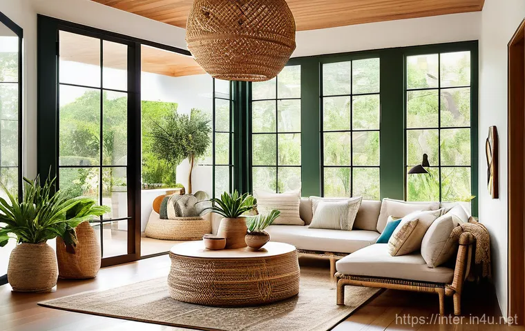 라탄 소품 인테리어 - A cozy and inviting living room designed in a natural, bohemian-inspired resort style. The focal poi...