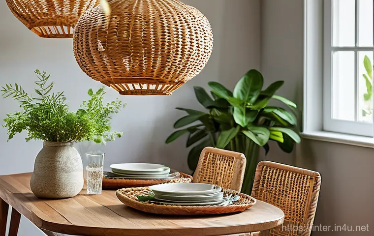 라탄 소품 인테리어 - A serene and elegant bedroom featuring a prominent rattan bed headboard. On a wooden bedside table, ... 라탄 소품 인테리어 - A serene and elegant bedroom featuring a prominent rattan bed headboard. On a wooden bedside table, ...