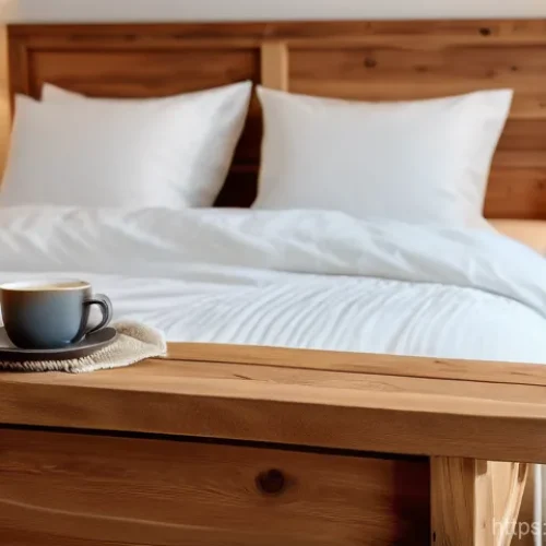 Home 31 침대 프레임 선택 가이드 - A serene and cozy bedroom featuring a sturdy, warm-toned pine wood bed frame with visible natural gr...