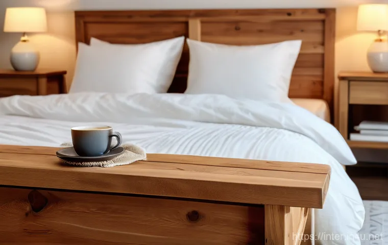 침대 프레임 선택 가이드 - A serene and cozy bedroom featuring a sturdy, warm-toned pine wood bed frame with visible natural gr...