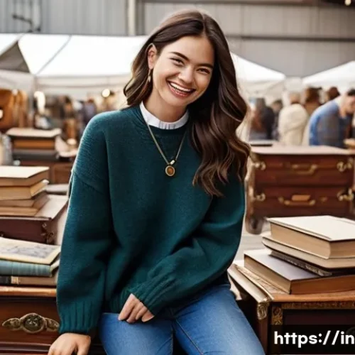 Home 28 중고 가구 구매 시 주의점 - **Prompt 1: Vintage Furniture Discovery at a Flea Market**
A wide shot of a bustling, sun-drench...