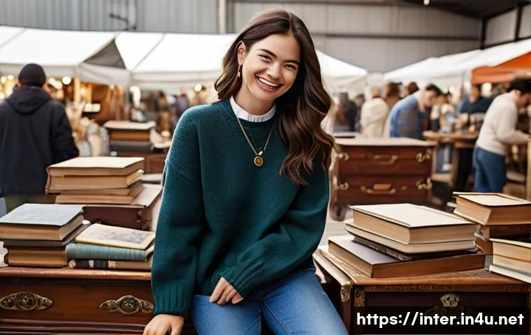 중고 가구 구매 시 주의점 - **Prompt 1: Vintage Furniture Discovery at a Flea Market**
A wide shot of a bustling, sun-drench...